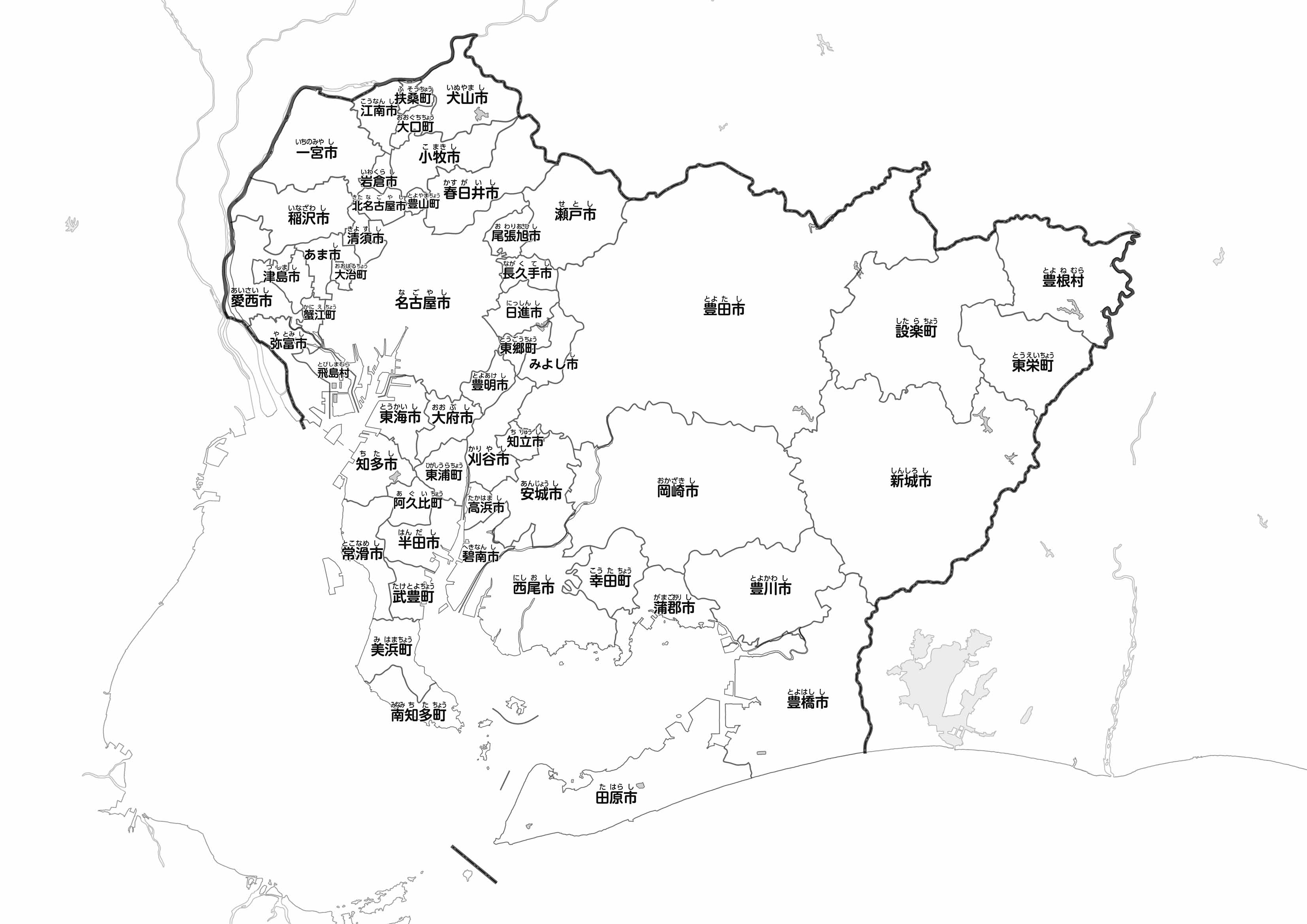 47都道府県地図 愛知県」のワークシート・活用例・地図モノクロ