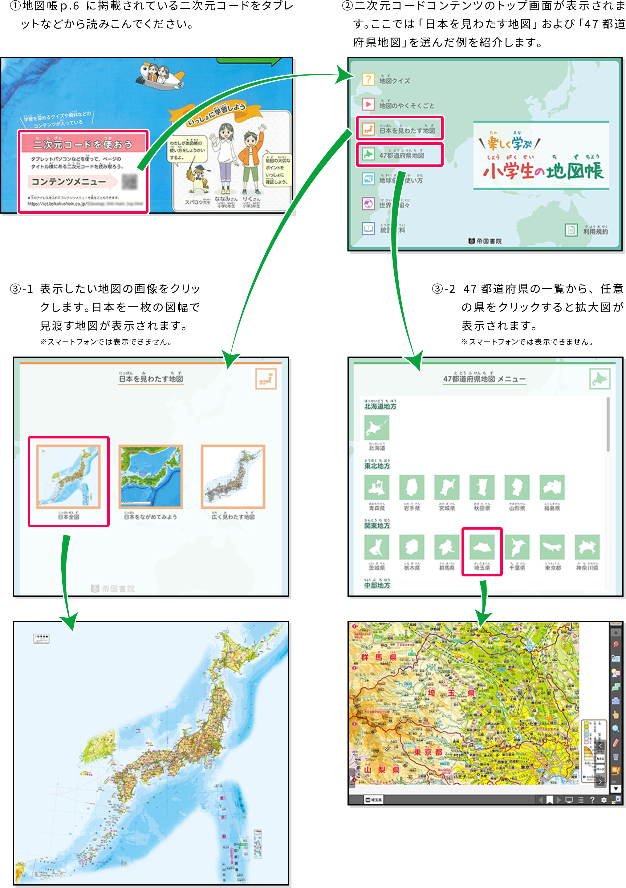 ①地図帳p.6に掲載されている二次元コードをタブレットなどから読みこんでください。②二次元コードコンテンツのトップ画面が表示されます。ここでは「日本を見渡す地図」および「47都道府県地図」を選んだ例を紹介します。